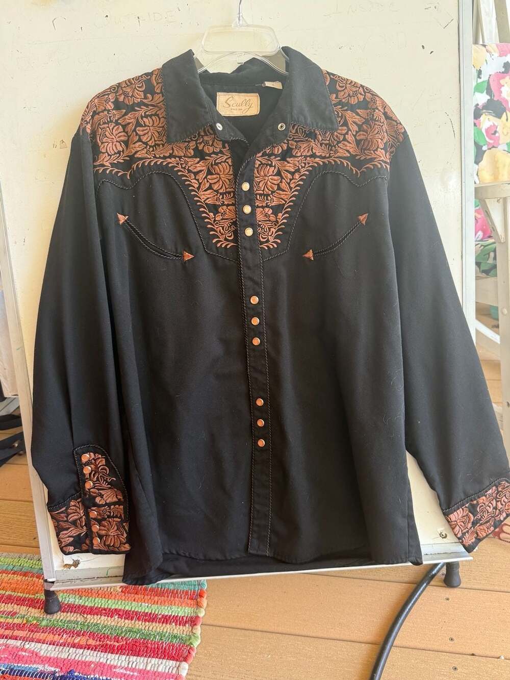 Scully Men's Black Floral Embroidered Western Snap Shirt XL P-634(100)